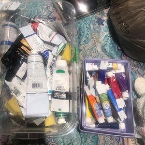 Acrylic and oil paint with brushes